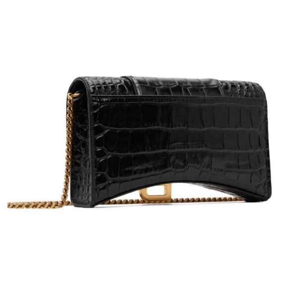 NEW BALENCIAGA HOURGLASS BLACK CROC LEATHER CHAIN WALLET BAG PURSE AUTHENTIC - Picture 3 of 16